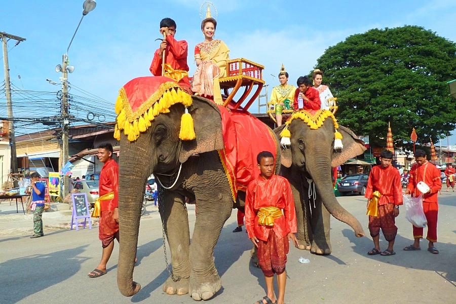 スコータイのローイ・クラトン祭りの象パレート写真@タイ観光